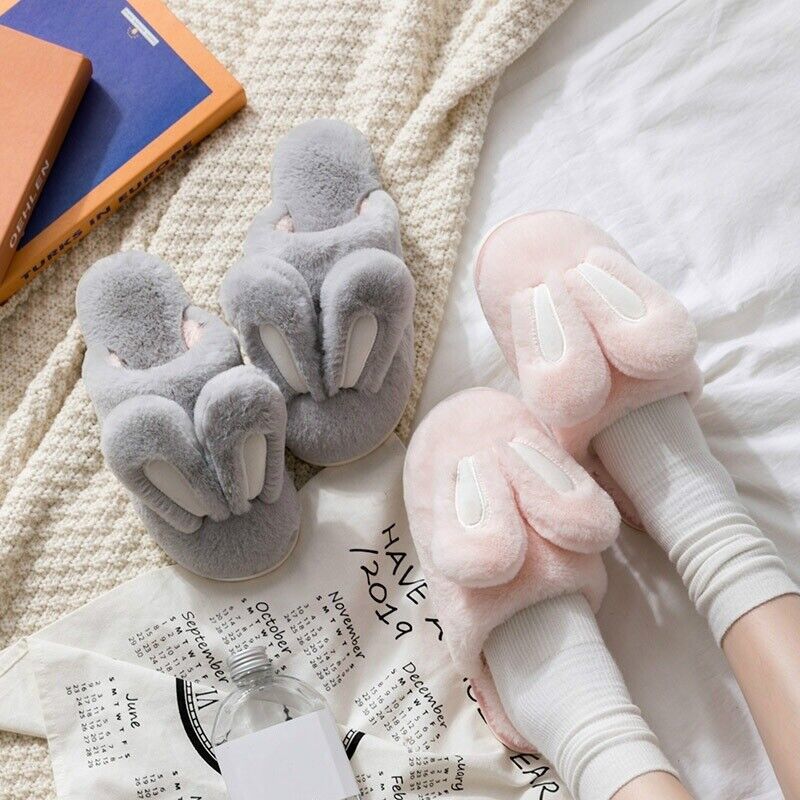 Women Men Faux Fur Fluffy Bunny Ear Slip On Slipper Furry Lined Flats Shoes Soft - Picture 7 of 23