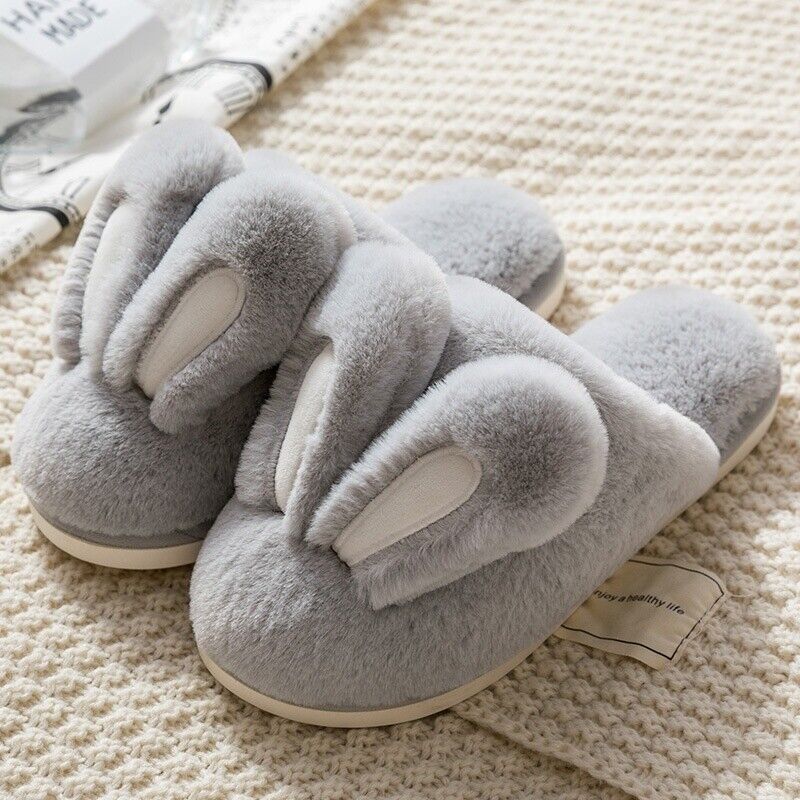 Women Men Faux Fur Fluffy Bunny Ear Slip On Slipper Furry Lined Flats Shoes Soft - Picture 9 of 23