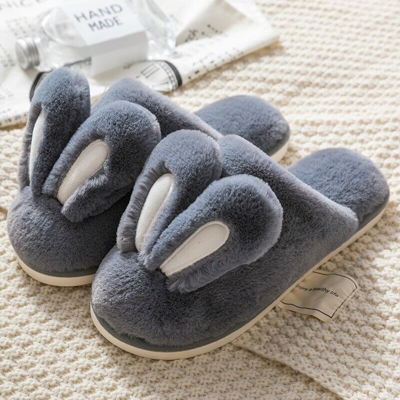 Women Men Faux Fur Fluffy Bunny Ear Slip On Slipper Furry Lined Flats Shoes Soft - Picture 15 of 23