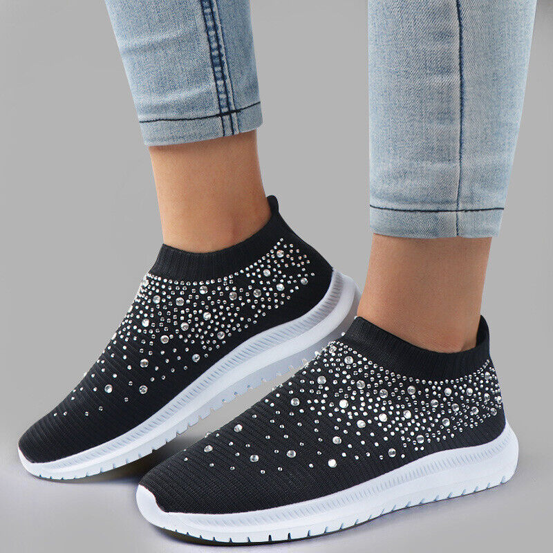 Damas Mujeres Correr Cuña Calcetín Diamante Tenis Sin Cordones Deportivos Bombas Entrenadores - Imagen 16 de 18