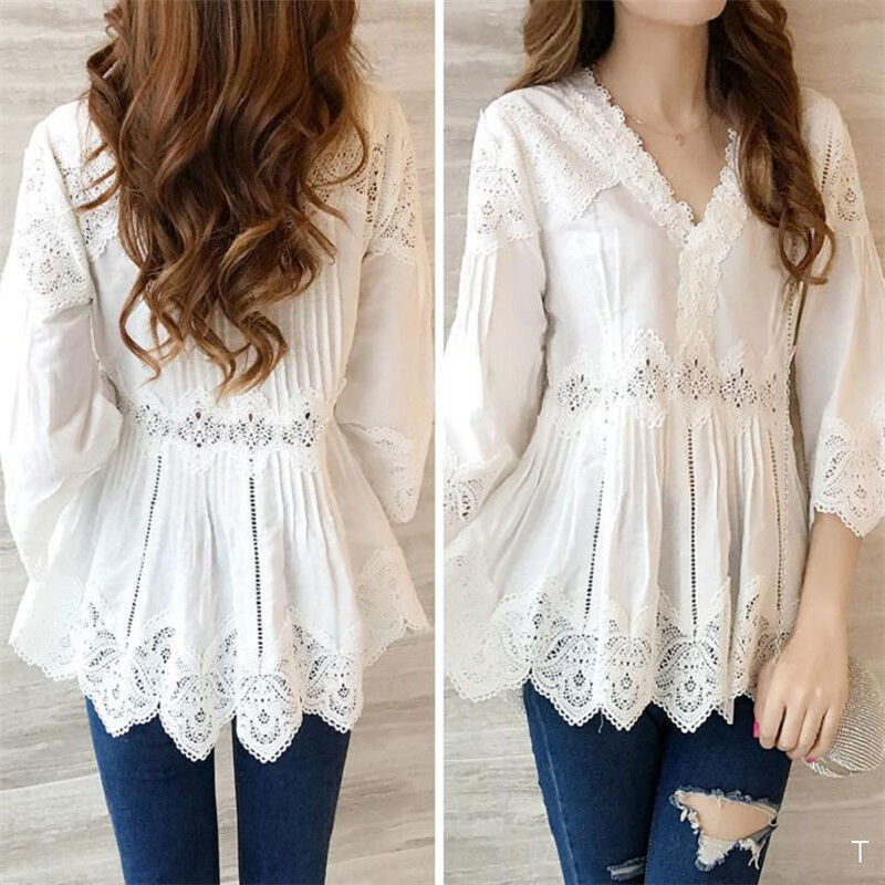 Fashion Korean V-Neck Ruffled Lace Long Sleeve White Shirt Blouses Top Women's