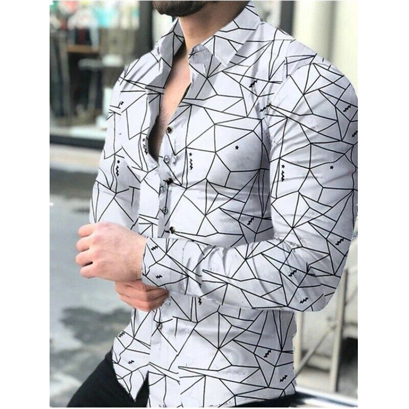 Men 3D Printed Graphic Shirt Long Sleeve Lapel Button Down Casual T Shirt Blouse