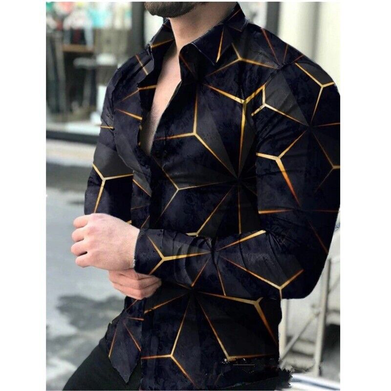 Men 3D Printed Graphic Shirt Long Sleeve Lapel Button Down Casual T Shirt Blouse