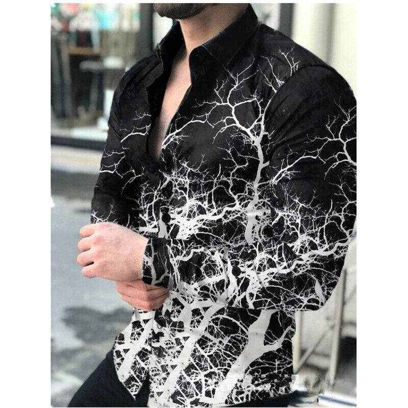 Men 3D Printed Graphic Shirt Long Sleeve Lapel Button Down Casual T Shirt Blouse