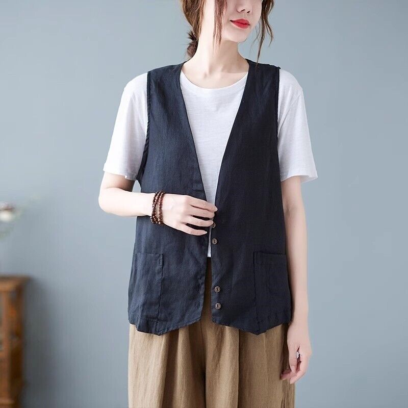 Women Faux Cotton Linen Sleeveless Vest Ladies Buttons Waistcoat Casual Tank Top