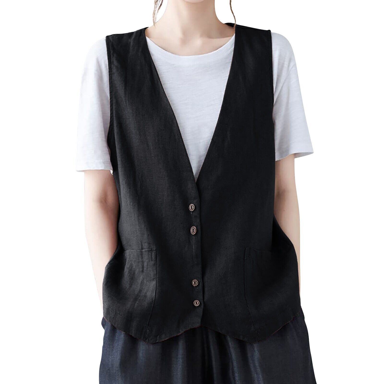 Women Faux Cotton Linen Sleeveless Vest Ladies Buttons Waistcoat Casual Tank Top