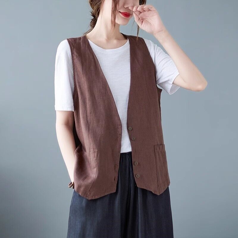 Women Faux Cotton Linen Sleeveless Vest Ladies Buttons Waistcoat Casual Tank Top