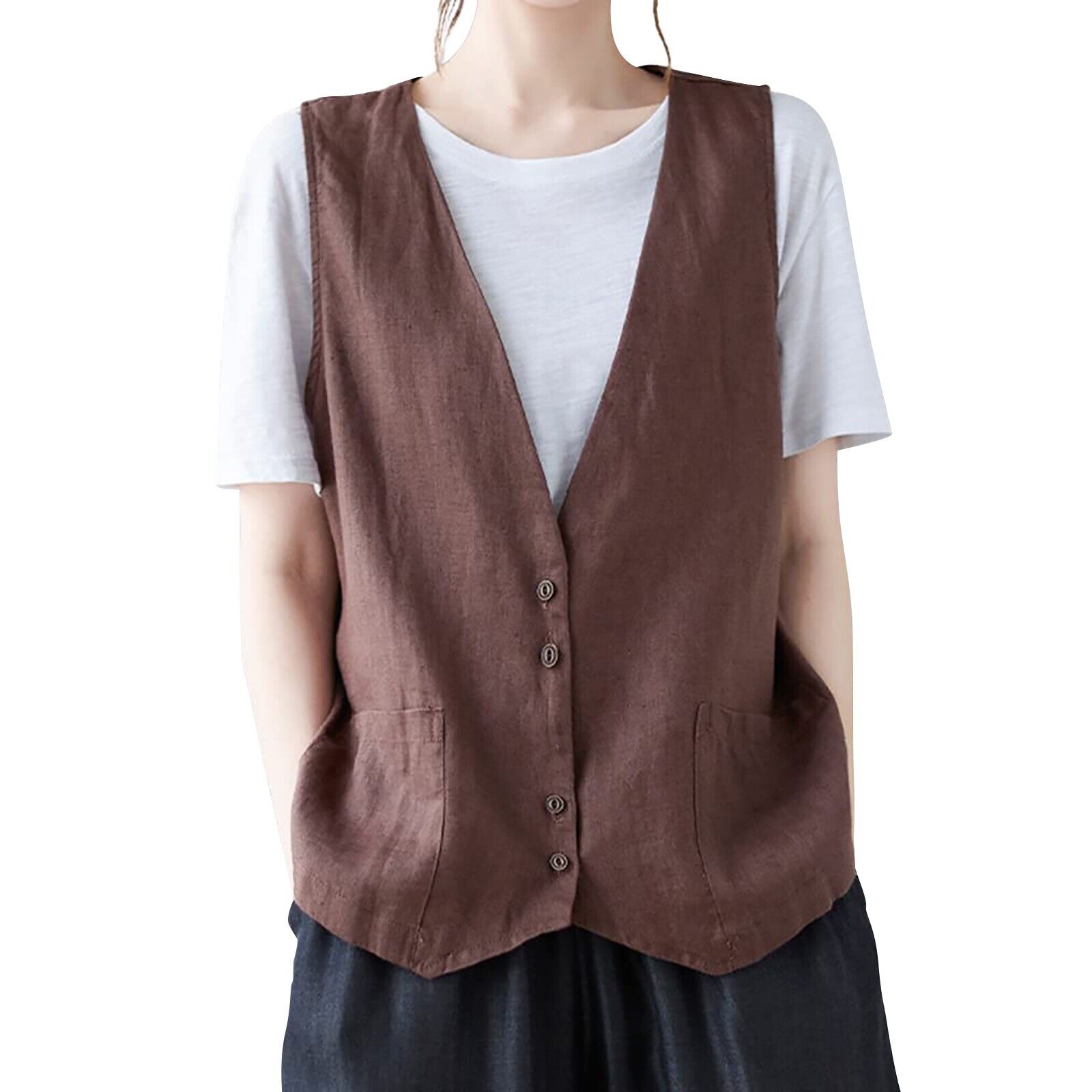 Women Faux Cotton Linen Sleeveless Vest Ladies Buttons Waistcoat Casual Tank Top