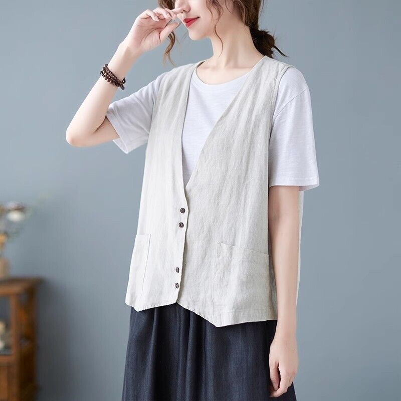 Women Faux Cotton Linen Sleeveless Vest Ladies Buttons Waistcoat Casual Tank Top