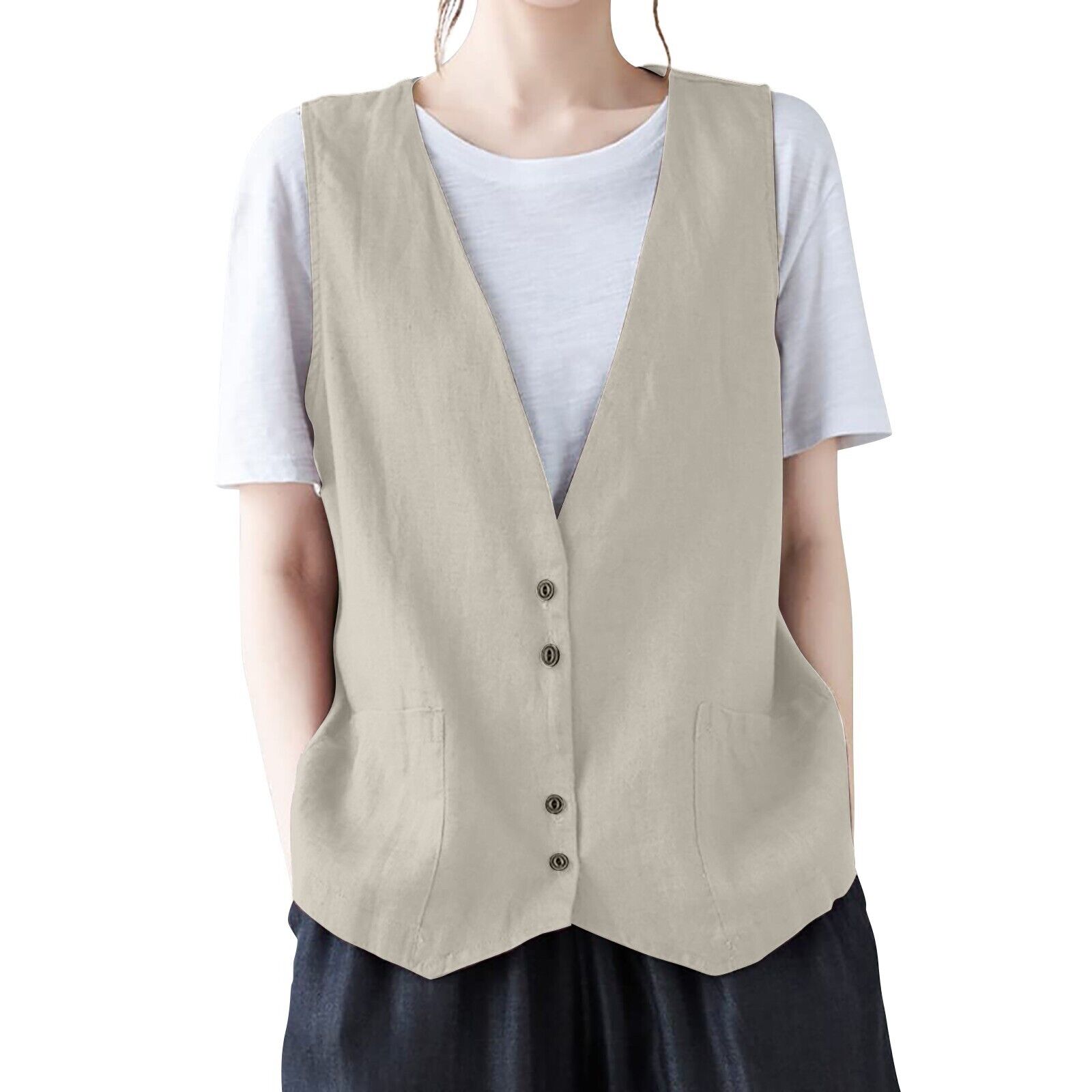 Women Faux Cotton Linen Sleeveless Vest Ladies Buttons Waistcoat Casual Tank Top