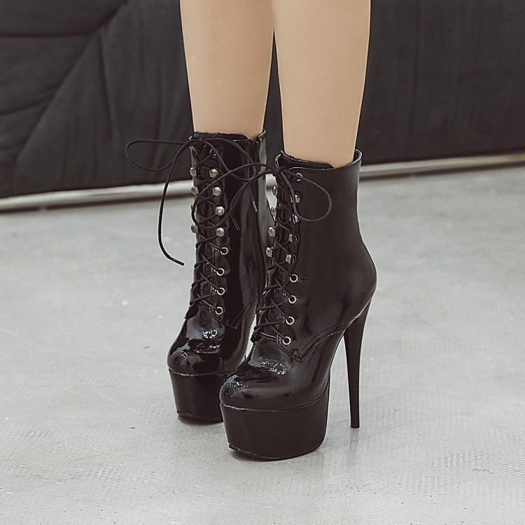 Women High Heels Shiny Leather Ankle Boots Fashion Platform Shoes Party Pumps - Zdjęcie 15 z 17