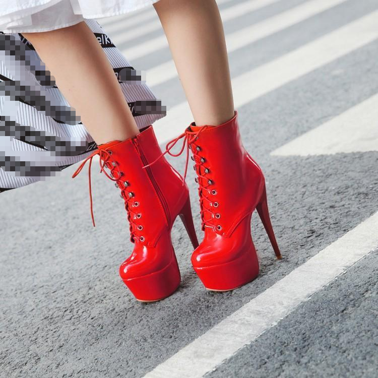 Women High Heels Shiny Leather Ankle Boots Fashion Platform Shoes Party Pumps - Zdjęcie 16 z 17