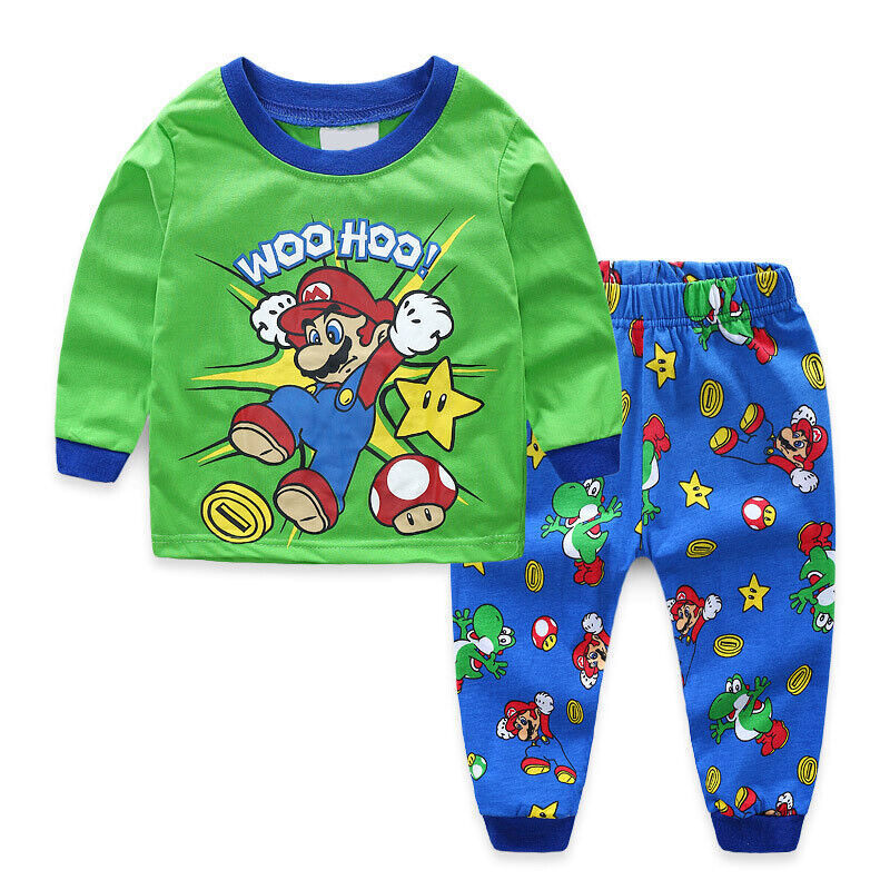 Kids Boys Girls Super Mario Pyjamas Set Long Sleeve T-Shirt Shorts Age 1-7 Years - Picture 25 of 64