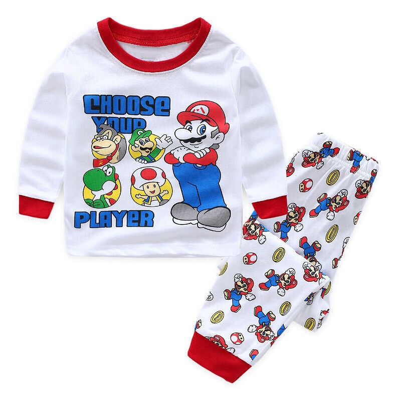 Kids Boys Girls Super Mario Pyjamas Set Long Sleeve T-Shirt Shorts Age 1-7 Years - Picture 27 of 64