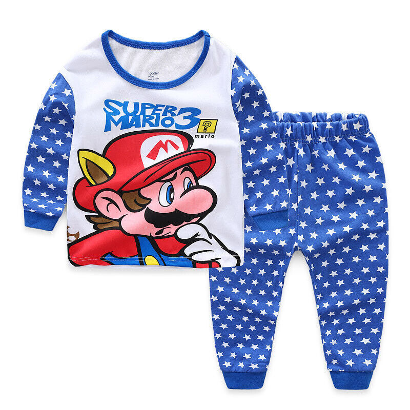 Kids Boys Girls Super Mario Pyjamas Set Long Sleeve T-Shirt Shorts Age 1-7 Years - Picture 55 of 64