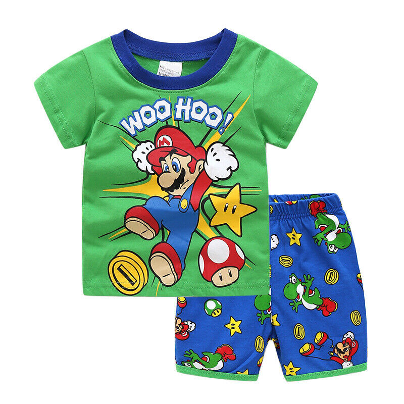 Kids Boys Girls Super Mario Pyjamas Set Long Sleeve T-Shirt Shorts Age 1-7 Years - Picture 60 of 64