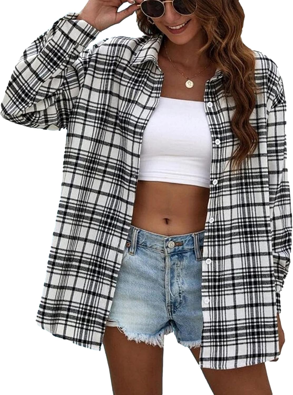 Flannel Buffalo Plaid Shirts for Women Oversized Button Down Shacket Blouse Tops - Picture 14 of 125