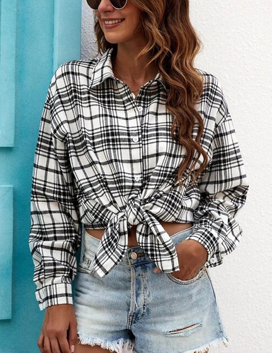 Flannel Buffalo Plaid Shirts for Women Oversized Button Down Shacket Blouse Tops - Picture 15 of 125