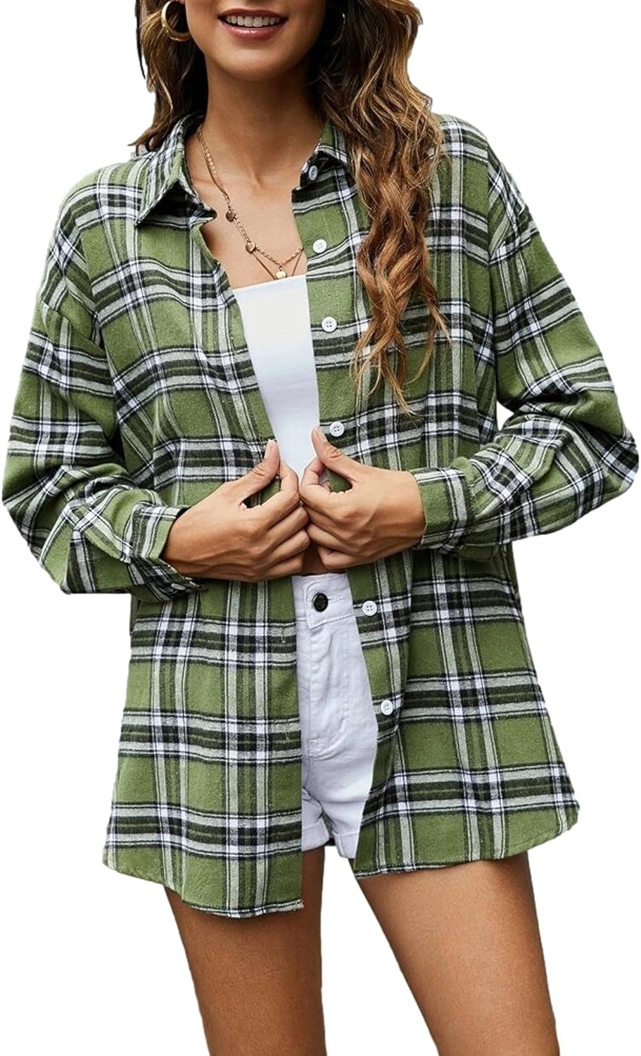 Flannel Buffalo Plaid Shirts for Women Oversized Button Down Shacket Blouse Tops - Picture 20 of 125