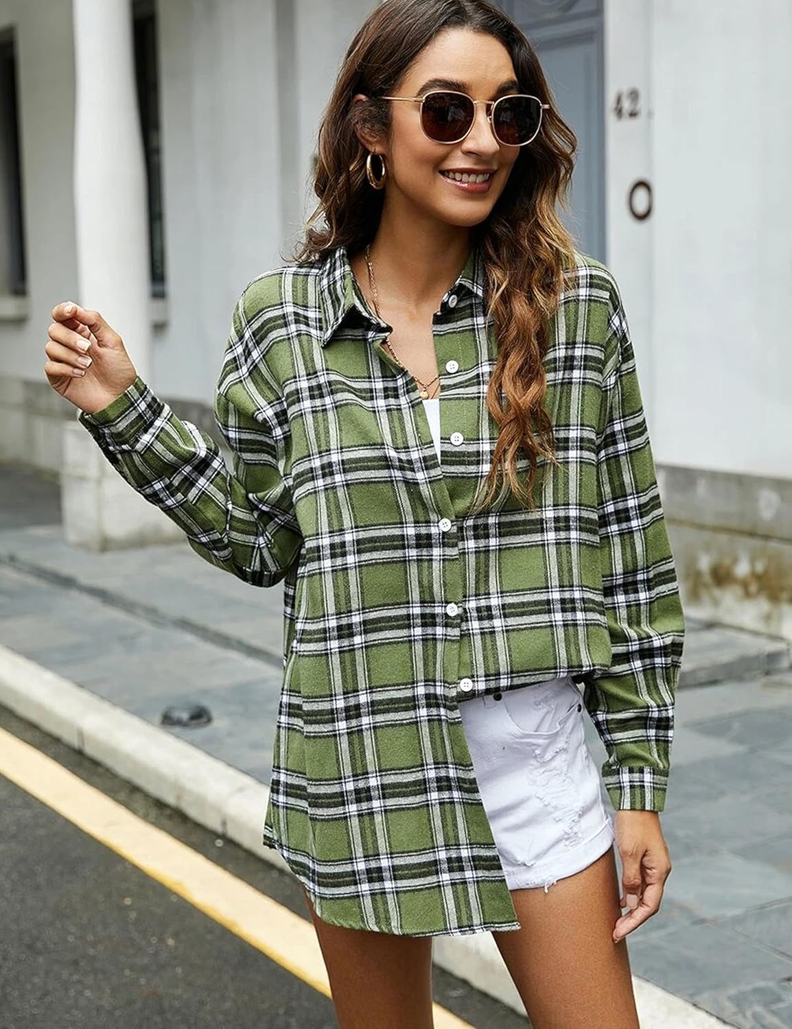 Flannel Buffalo Plaid Shirts for Women Oversized Button Down Shacket Blouse Tops - Picture 21 of 125