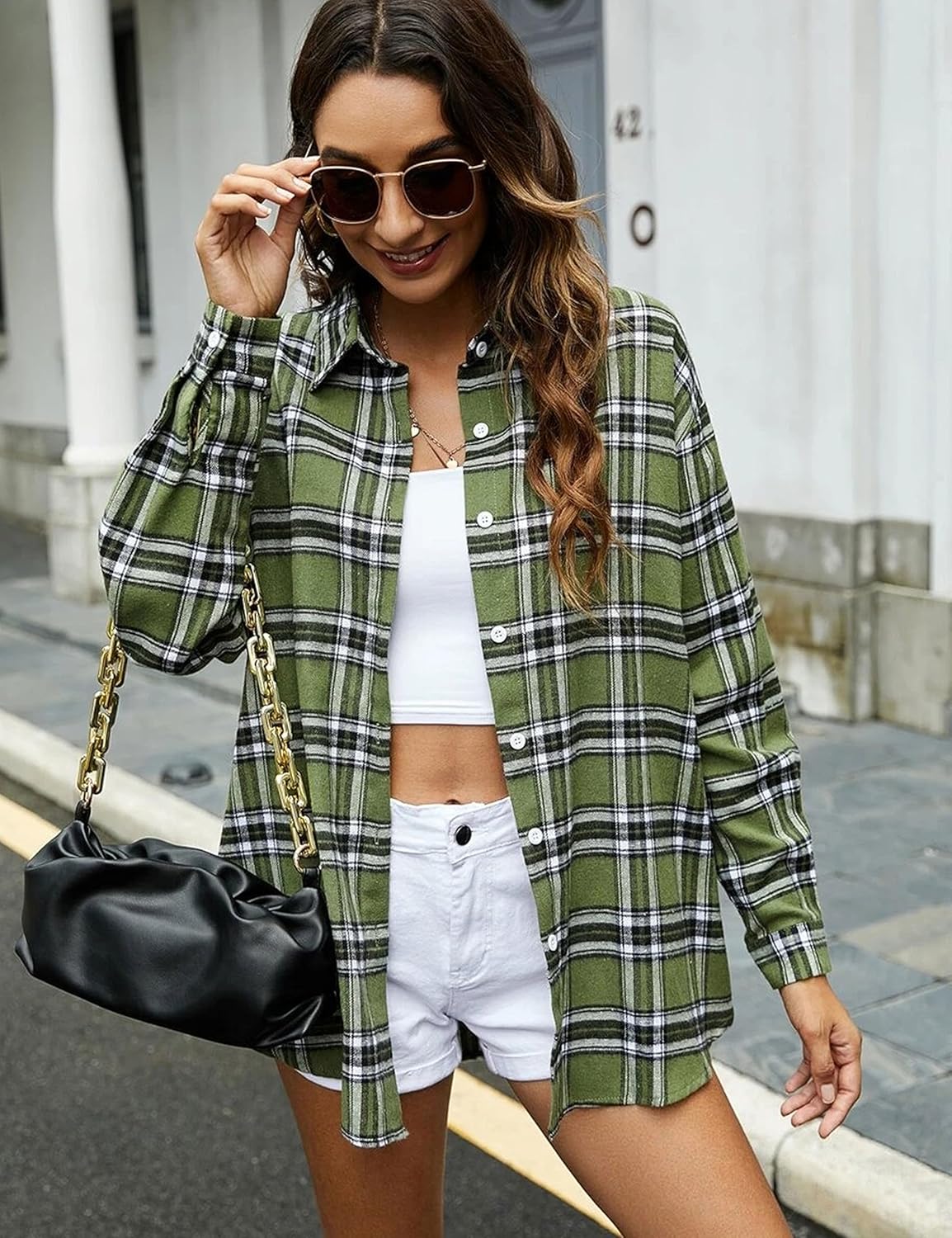 Flannel Buffalo Plaid Shirts for Women Oversized Button Down Shacket Blouse Tops - Picture 22 of 125