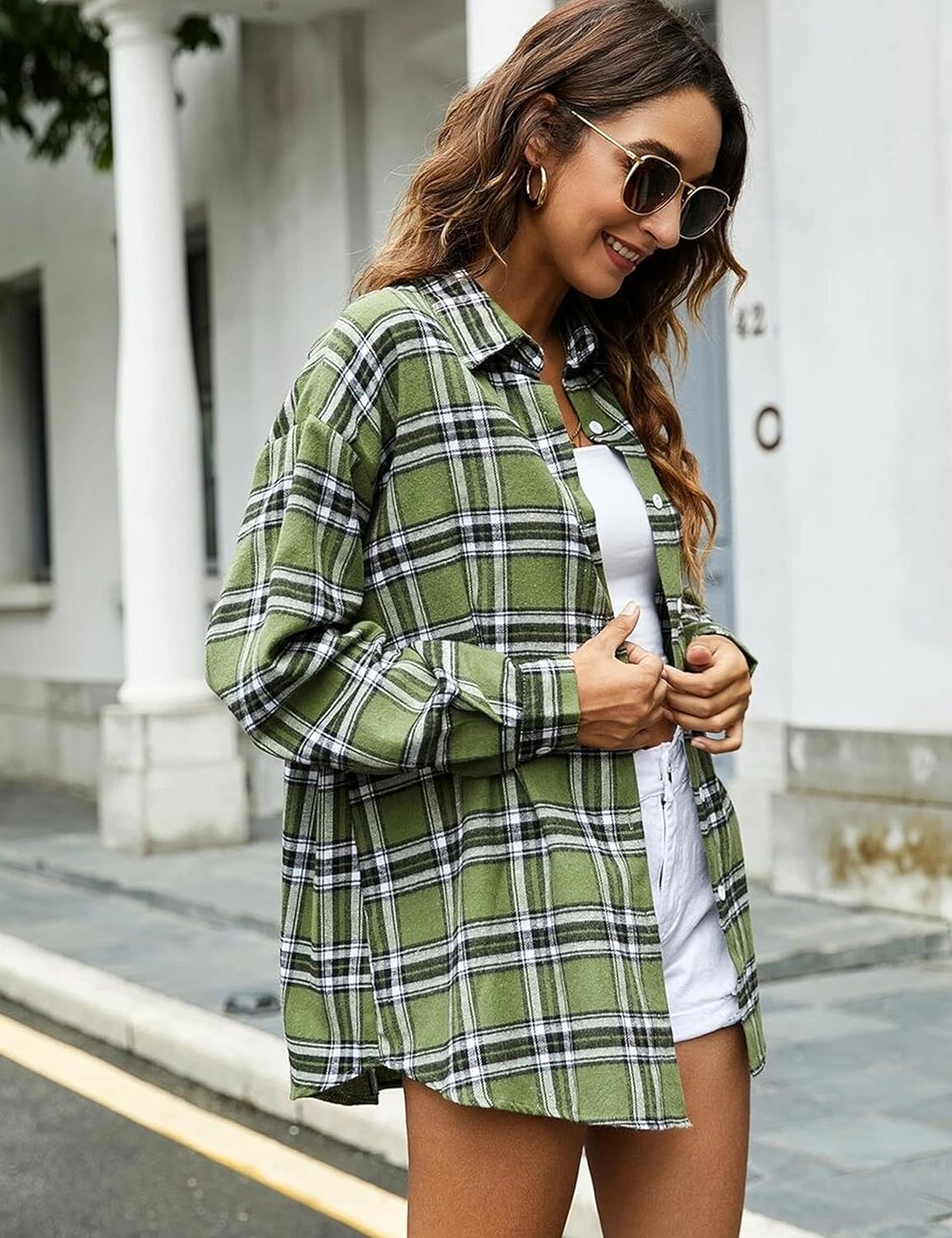 Flannel Buffalo Plaid Shirts for Women Oversized Button Down Shacket Blouse Tops - Picture 23 of 125