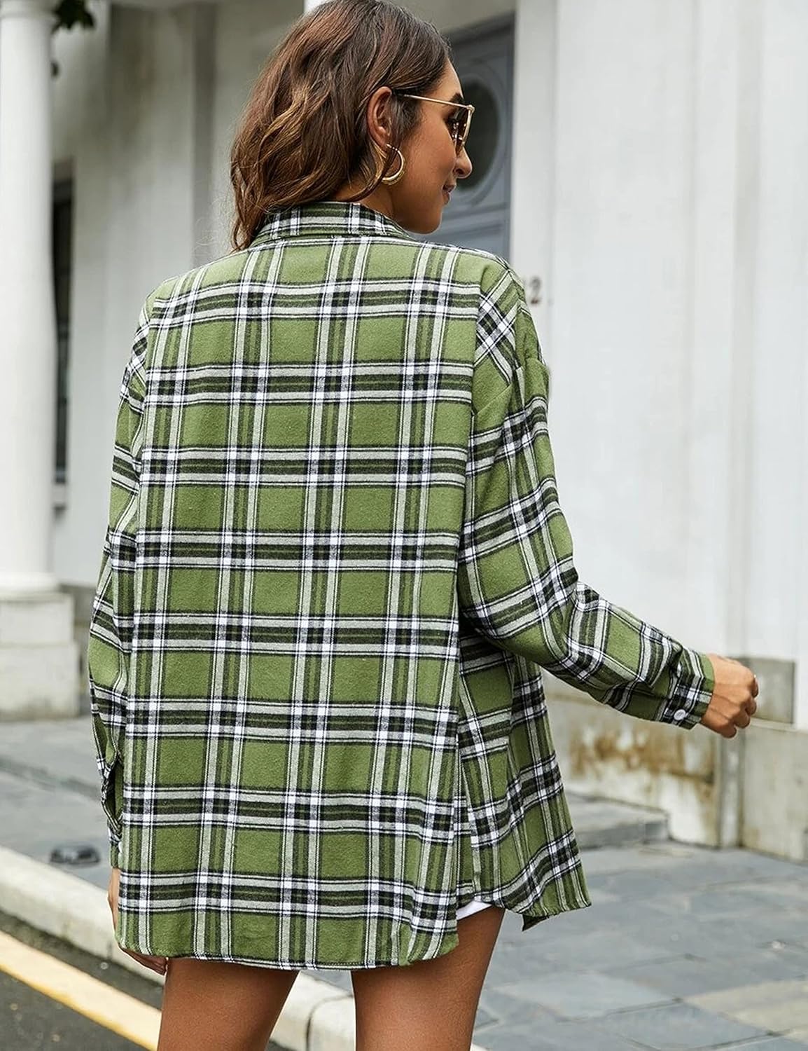 Flannel Buffalo Plaid Shirts for Women Oversized Button Down Shacket Blouse Tops - Picture 25 of 125