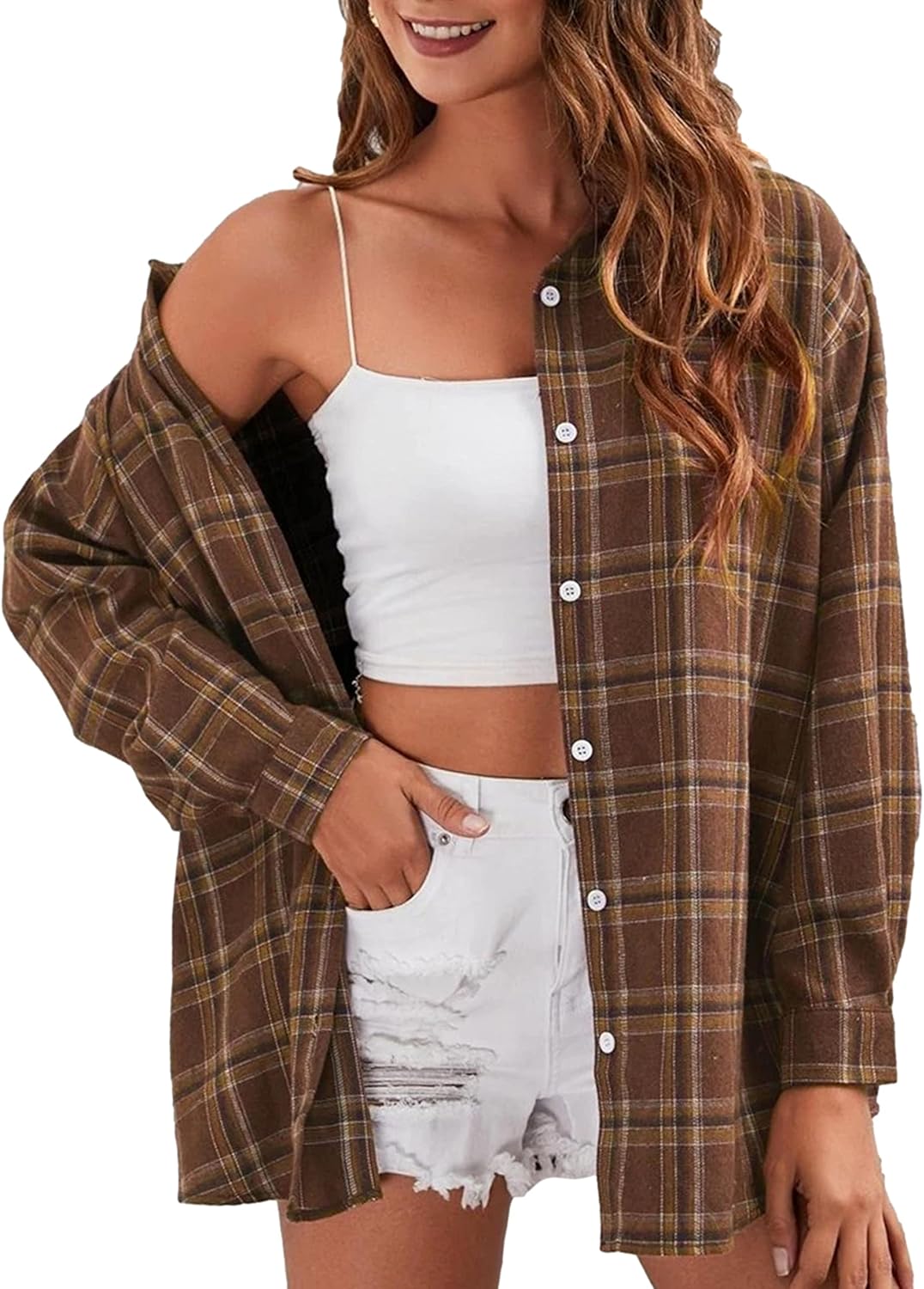 Flannel Buffalo Plaid Shirts for Women Oversized Button Down Shacket Blouse Tops - Picture 27 of 125