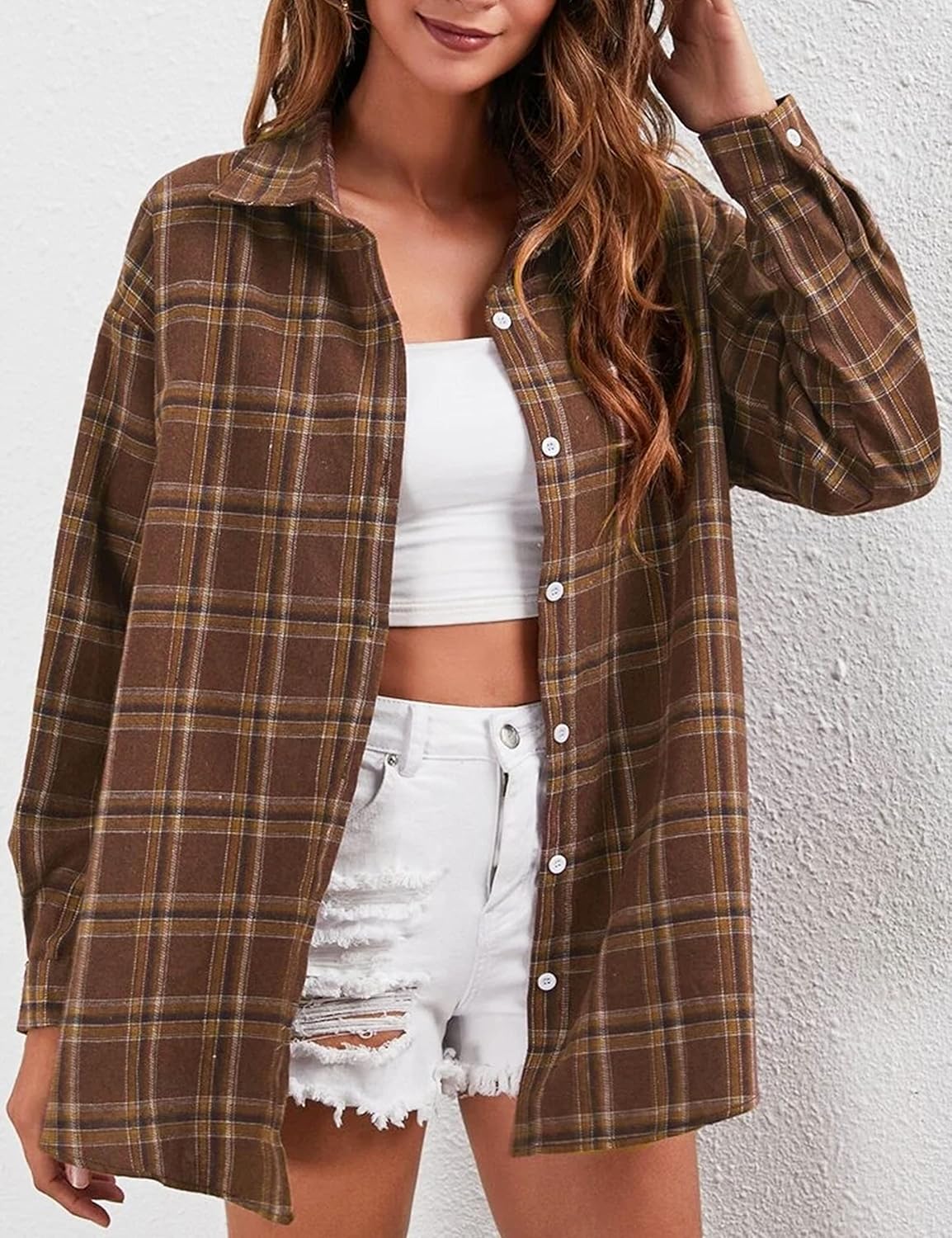 Flannel Buffalo Plaid Shirts for Women Oversized Button Down Shacket Blouse Tops - Picture 28 of 125