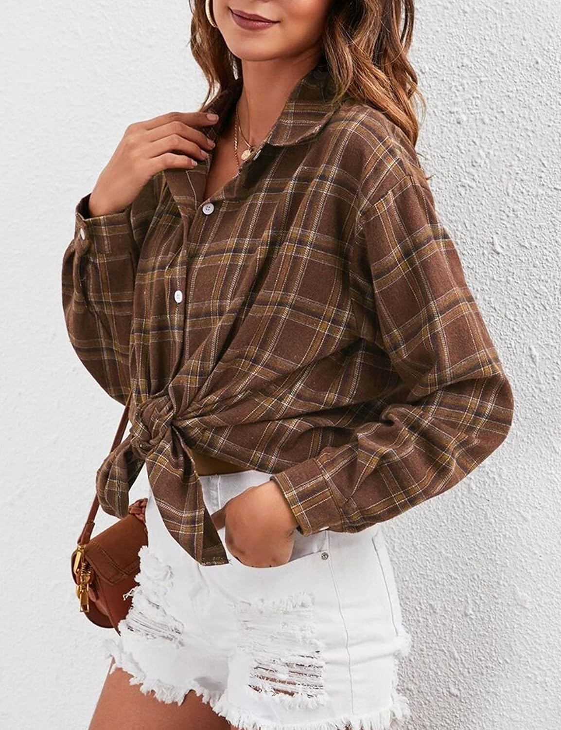 Flannel Buffalo Plaid Shirts for Women Oversized Button Down Shacket Blouse Tops - Picture 29 of 125