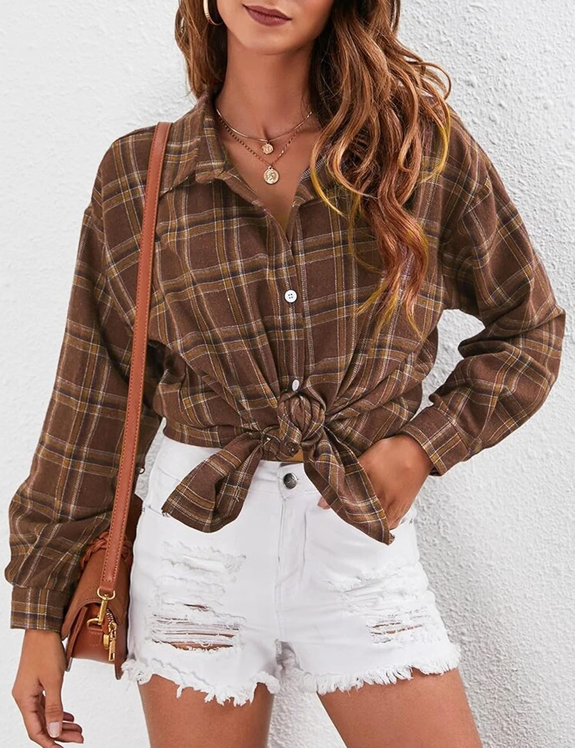 Flannel Buffalo Plaid Shirts for Women Oversized Button Down Shacket Blouse Tops - Picture 30 of 125