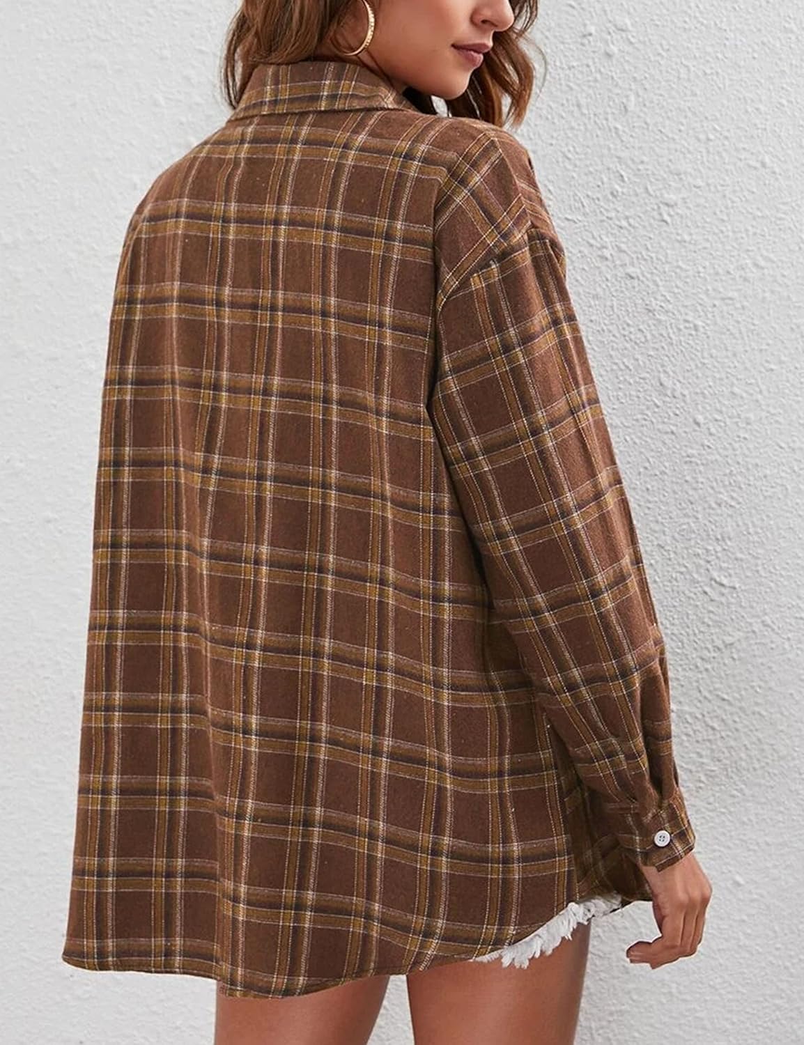 Flannel Buffalo Plaid Shirts for Women Oversized Button Down Shacket Blouse Tops - Picture 31 of 125