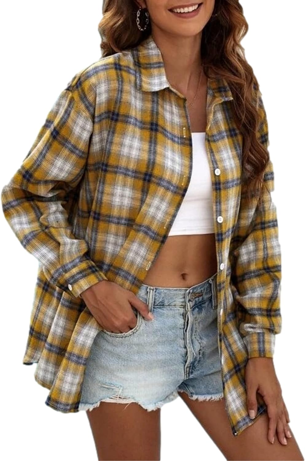 Flannel Buffalo Plaid Shirts for Women Oversized Button Down Shacket Blouse Tops - Picture 33 of 125