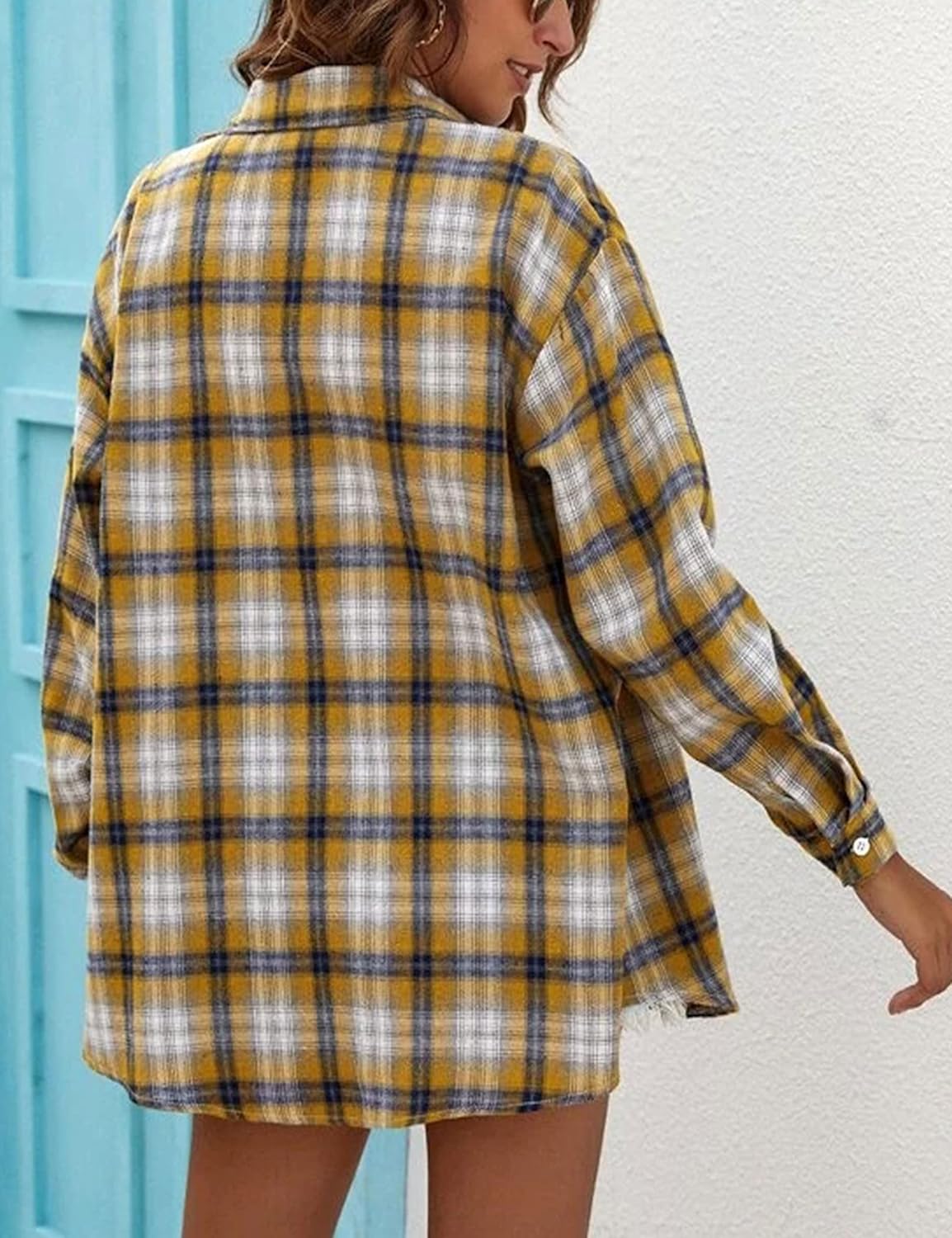 Flannel Buffalo Plaid Shirts for Women Oversized Button Down Shacket Blouse Tops - Picture 38 of 125