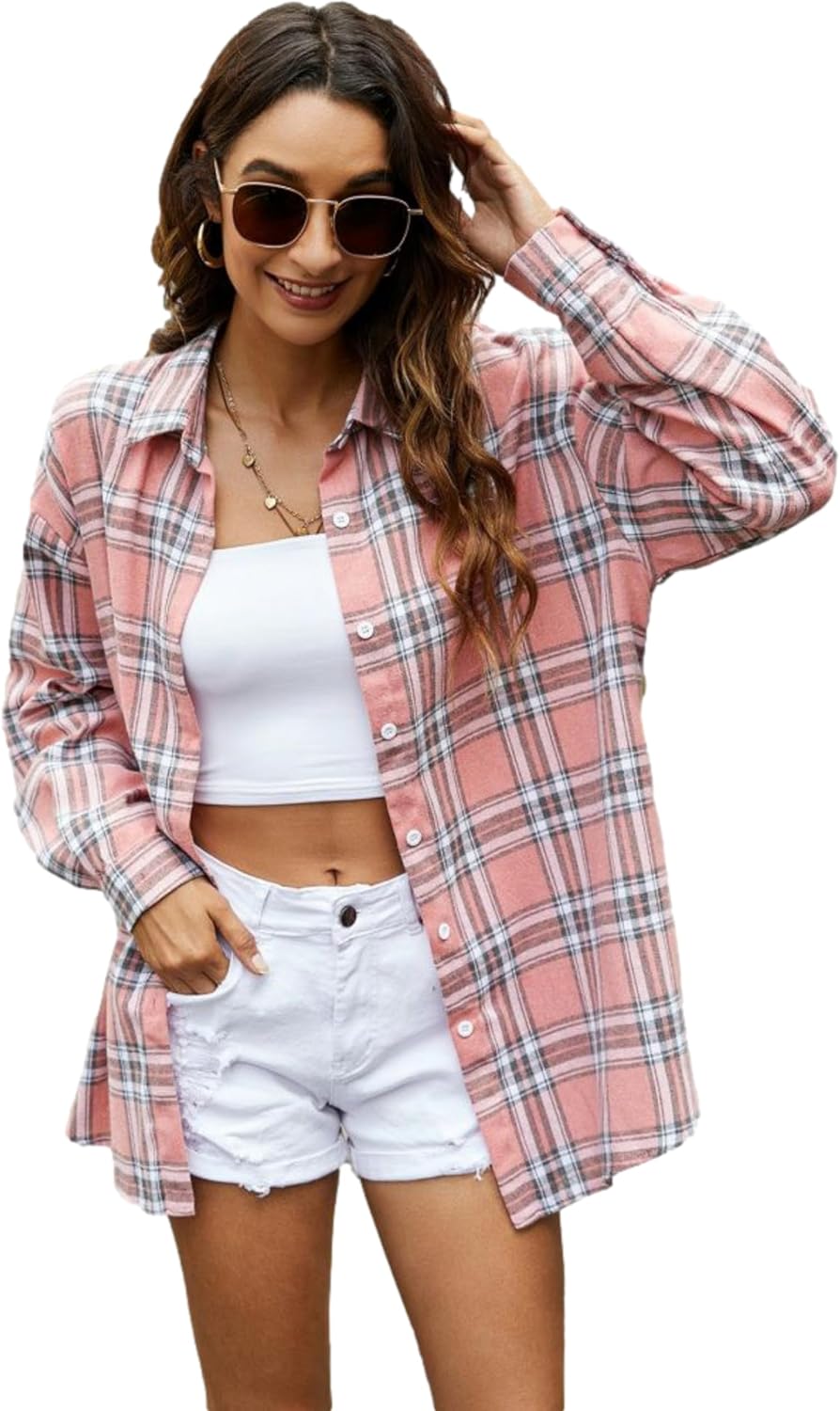 Flannel Buffalo Plaid Shirts for Women Oversized Button Down Shacket Blouse Tops - Picture 40 of 125