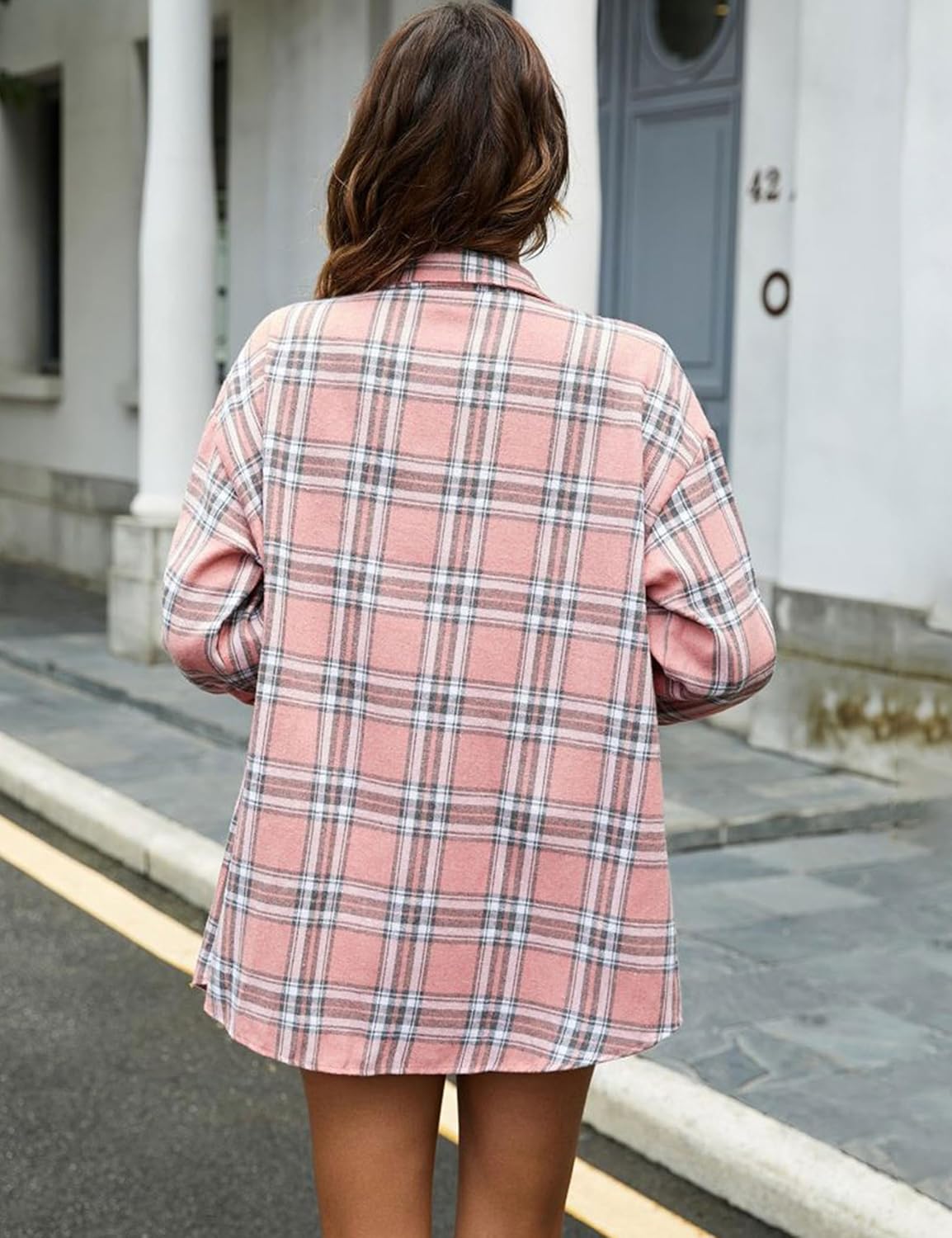 Flannel Buffalo Plaid Shirts for Women Oversized Button Down Shacket Blouse Tops - Picture 45 of 125