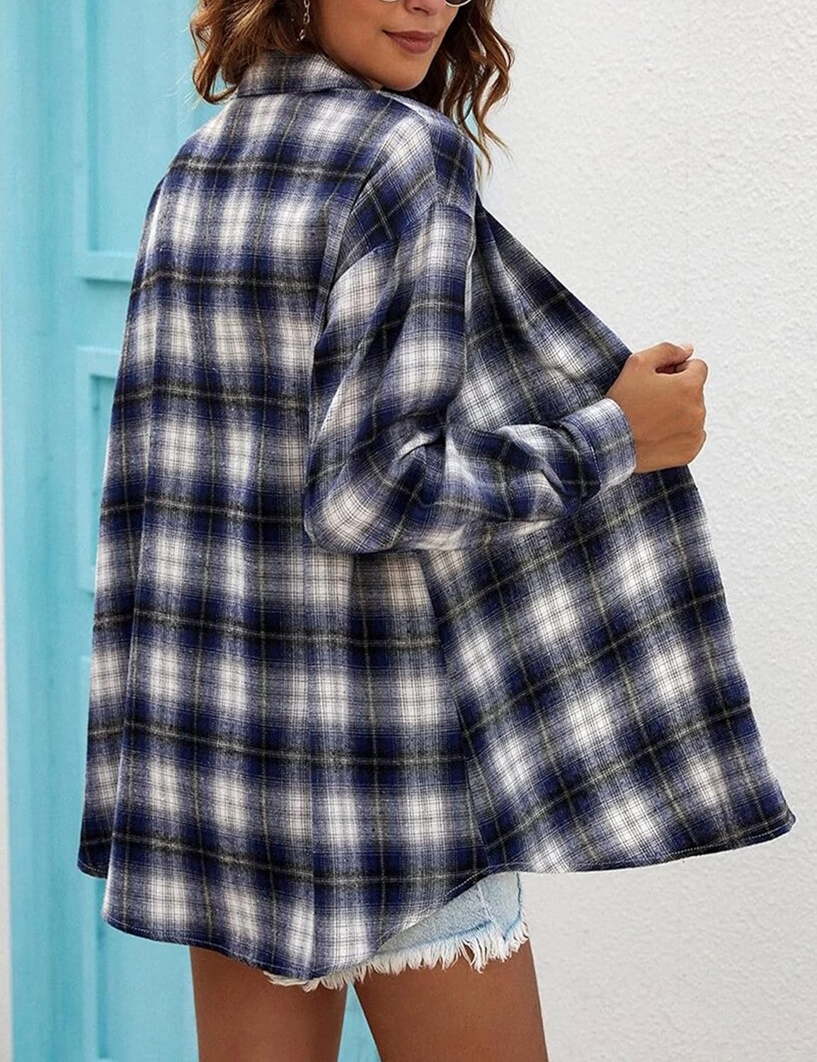 Flannel Buffalo Plaid Shirts for Women Oversized Button Down Shacket Blouse Tops - Picture 51 of 125