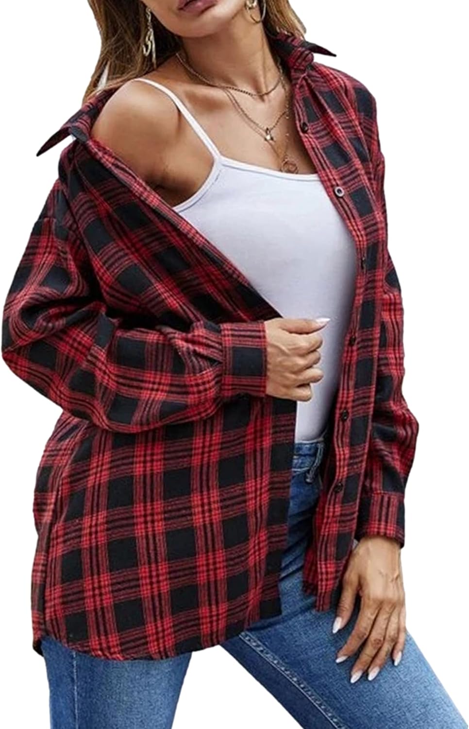 Flannel Buffalo Plaid Shirts for Women Oversized Button Down Shacket Blouse Tops - Picture 53 of 125