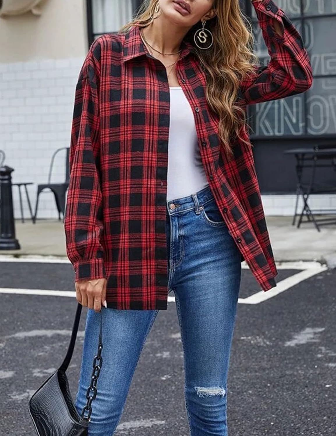 Flannel Buffalo Plaid Shirts for Women Oversized Button Down Shacket Blouse Tops - Picture 54 of 125