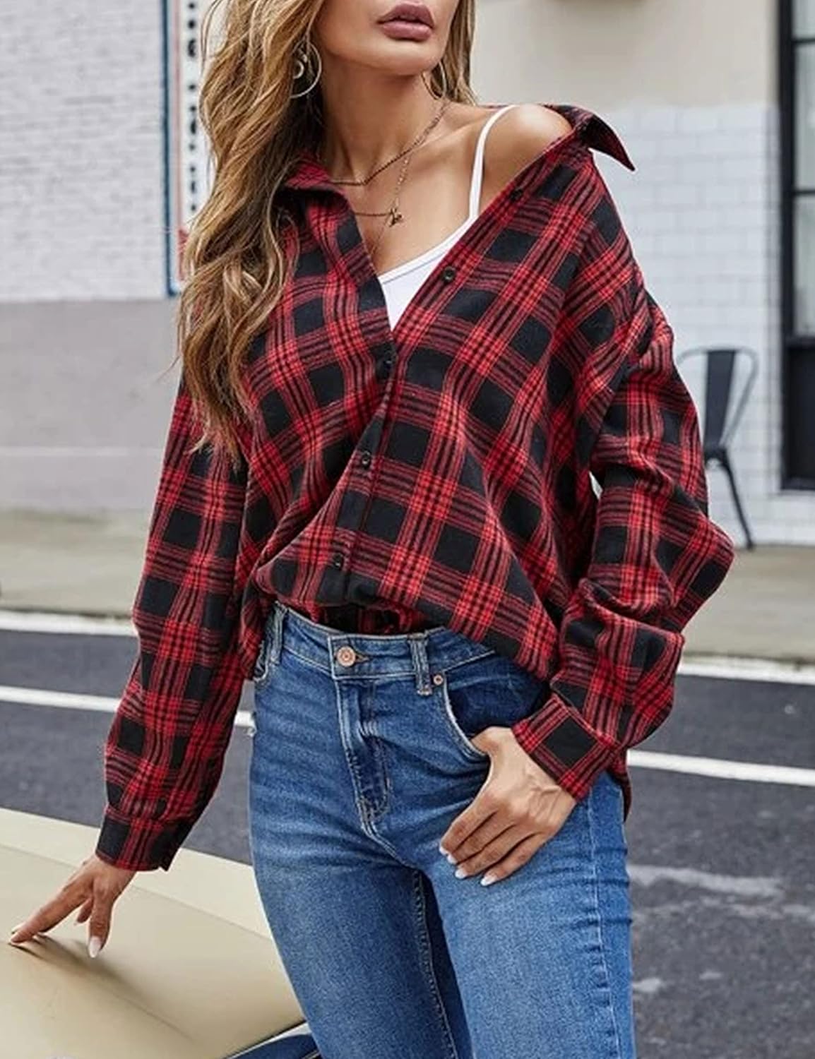 Flannel Buffalo Plaid Shirts for Women Oversized Button Down Shacket Blouse Tops - Picture 56 of 125