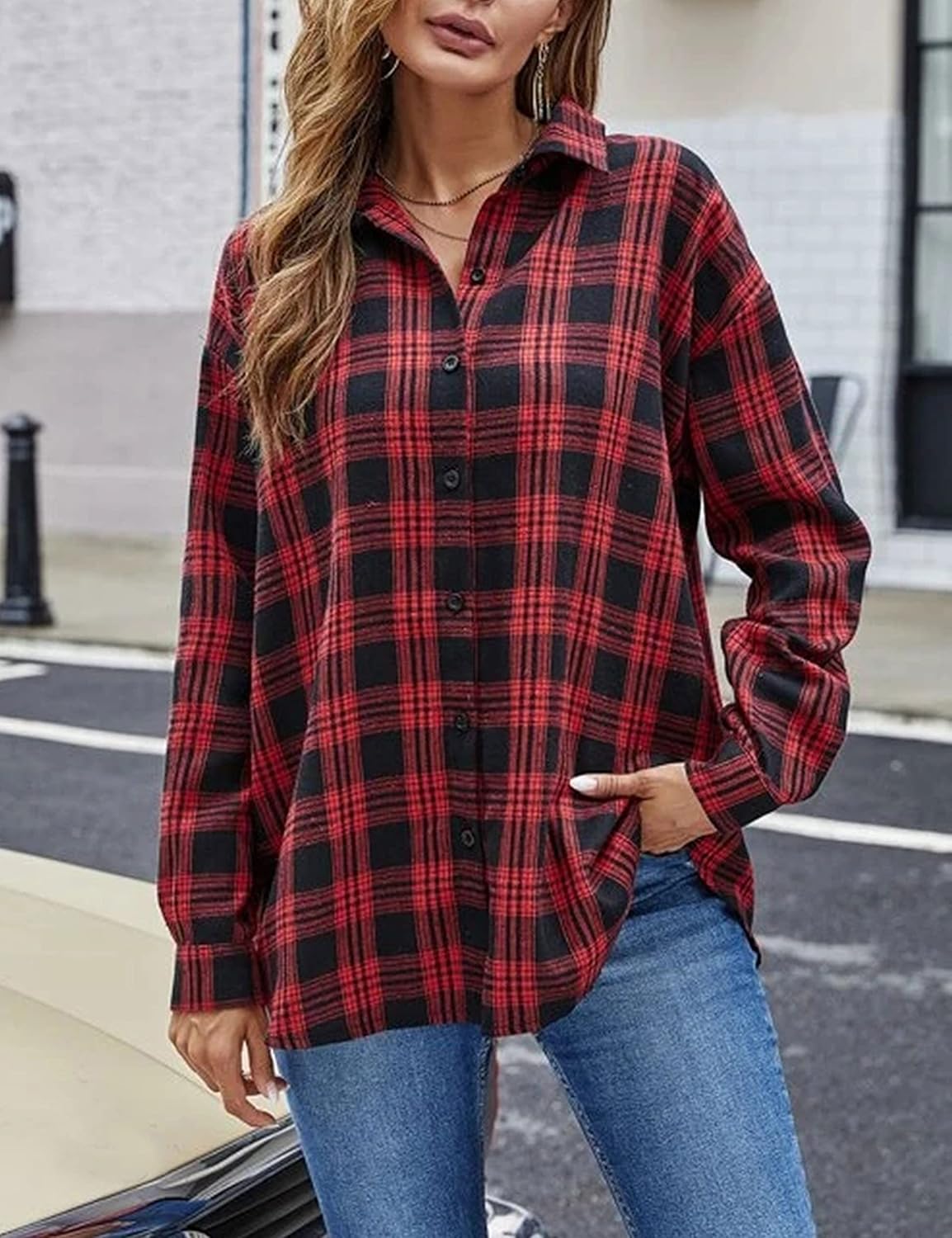 Flannel Buffalo Plaid Shirts for Women Oversized Button Down Shacket Blouse Tops - Picture 57 of 125