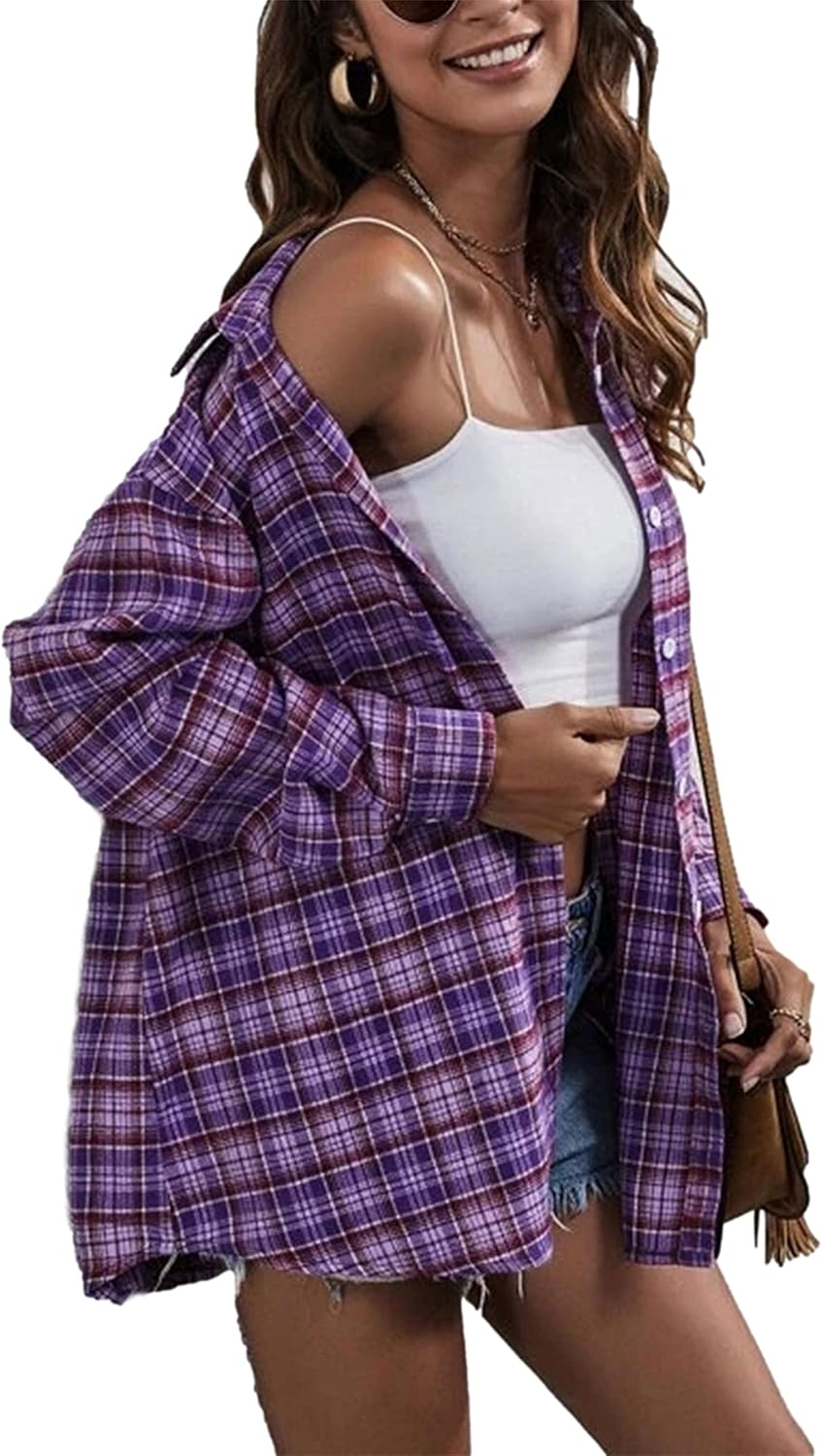 Flannel Buffalo Plaid Shirts for Women Oversized Button Down Shacket Blouse Tops - Picture 59 of 125