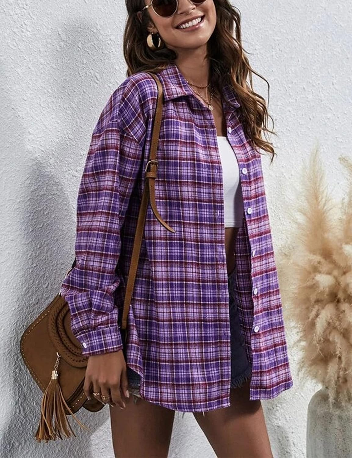 Flannel Buffalo Plaid Shirts for Women Oversized Button Down Shacket Blouse Tops - Picture 60 of 125