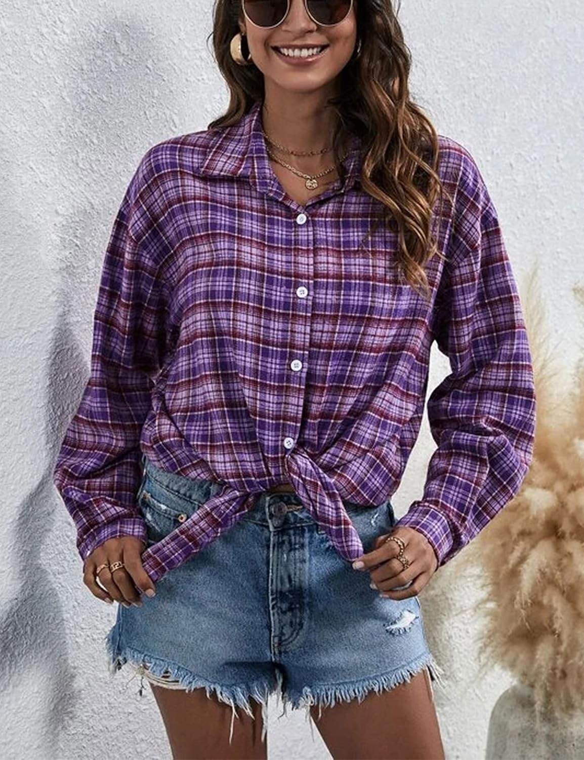 Flannel Buffalo Plaid Shirts for Women Oversized Button Down Shacket Blouse Tops - Picture 61 of 125