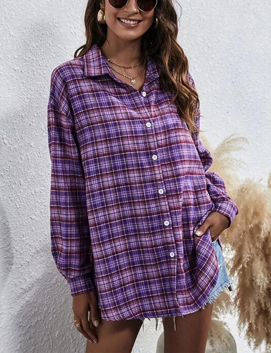 Flannel Buffalo Plaid Shirts for Women Oversized Button Down Shacket Blouse Tops - Picture 62 of 125