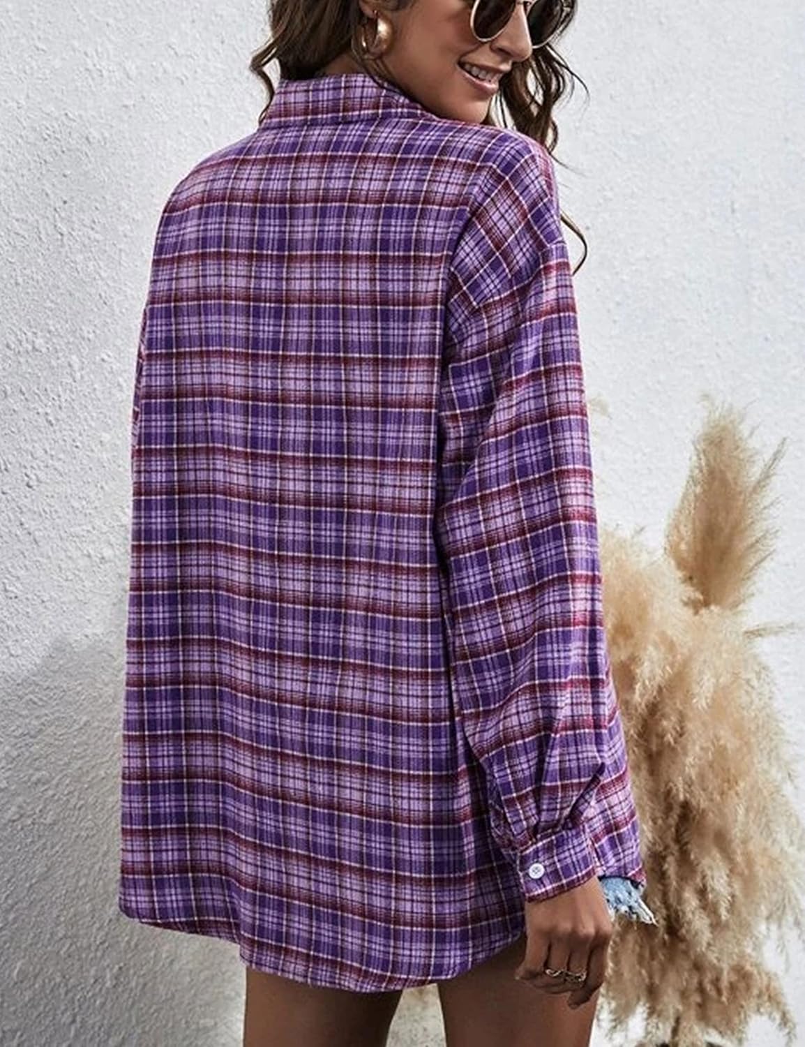 Flannel Buffalo Plaid Shirts for Women Oversized Button Down Shacket Blouse Tops - Picture 63 of 125