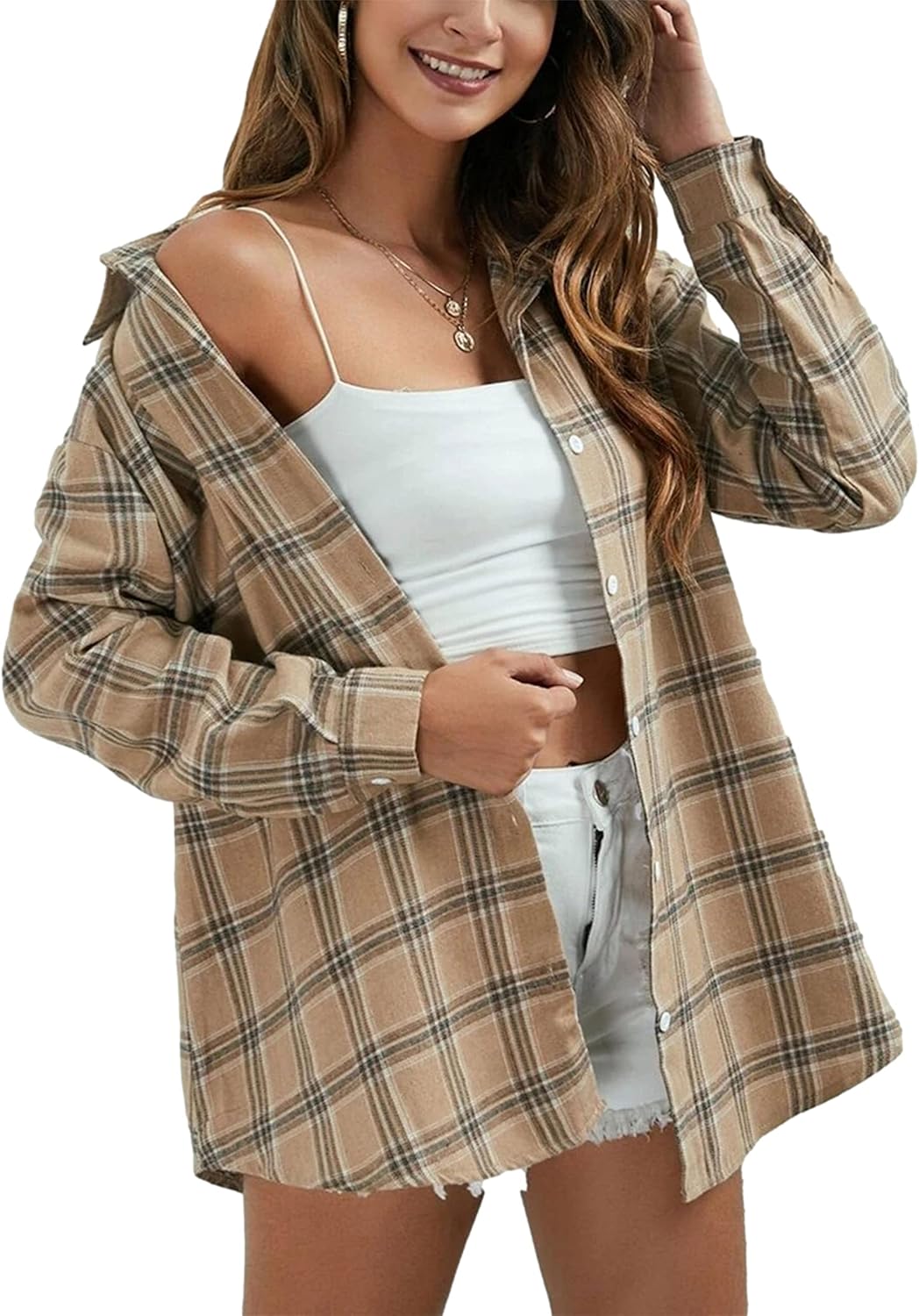 Flannel Buffalo Plaid Shirts for Women Oversized Button Down Shacket Blouse Tops - Picture 65 of 125