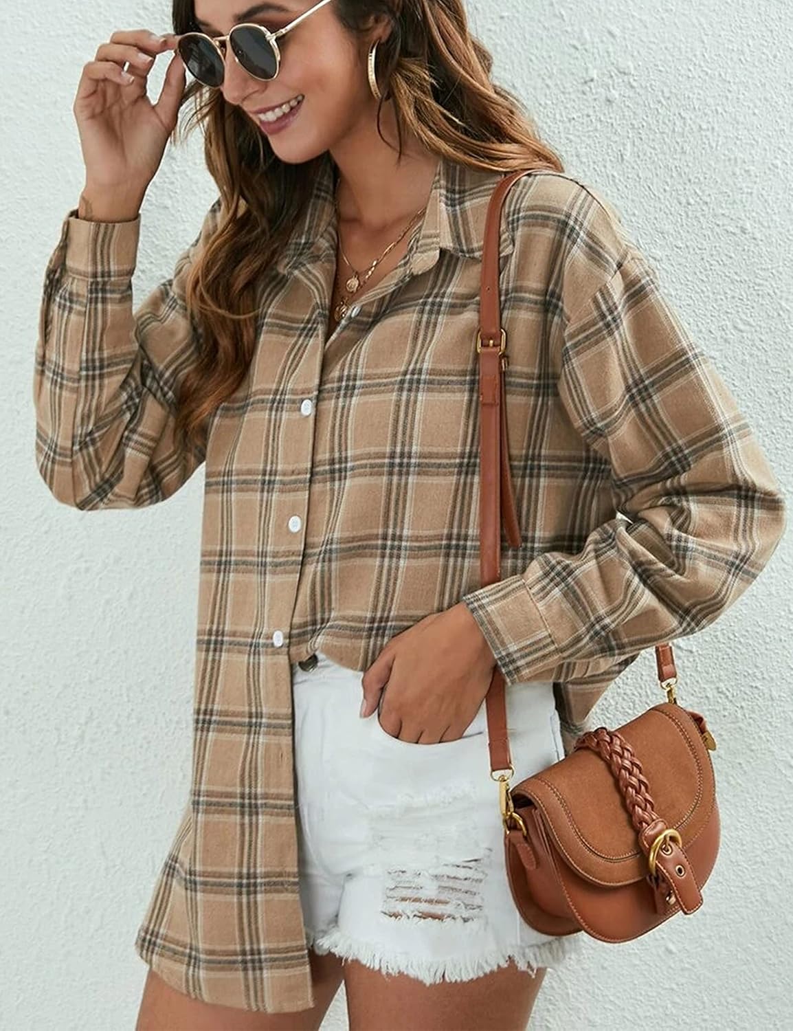 Flannel Buffalo Plaid Shirts for Women Oversized Button Down Shacket Blouse Tops - Picture 68 of 125