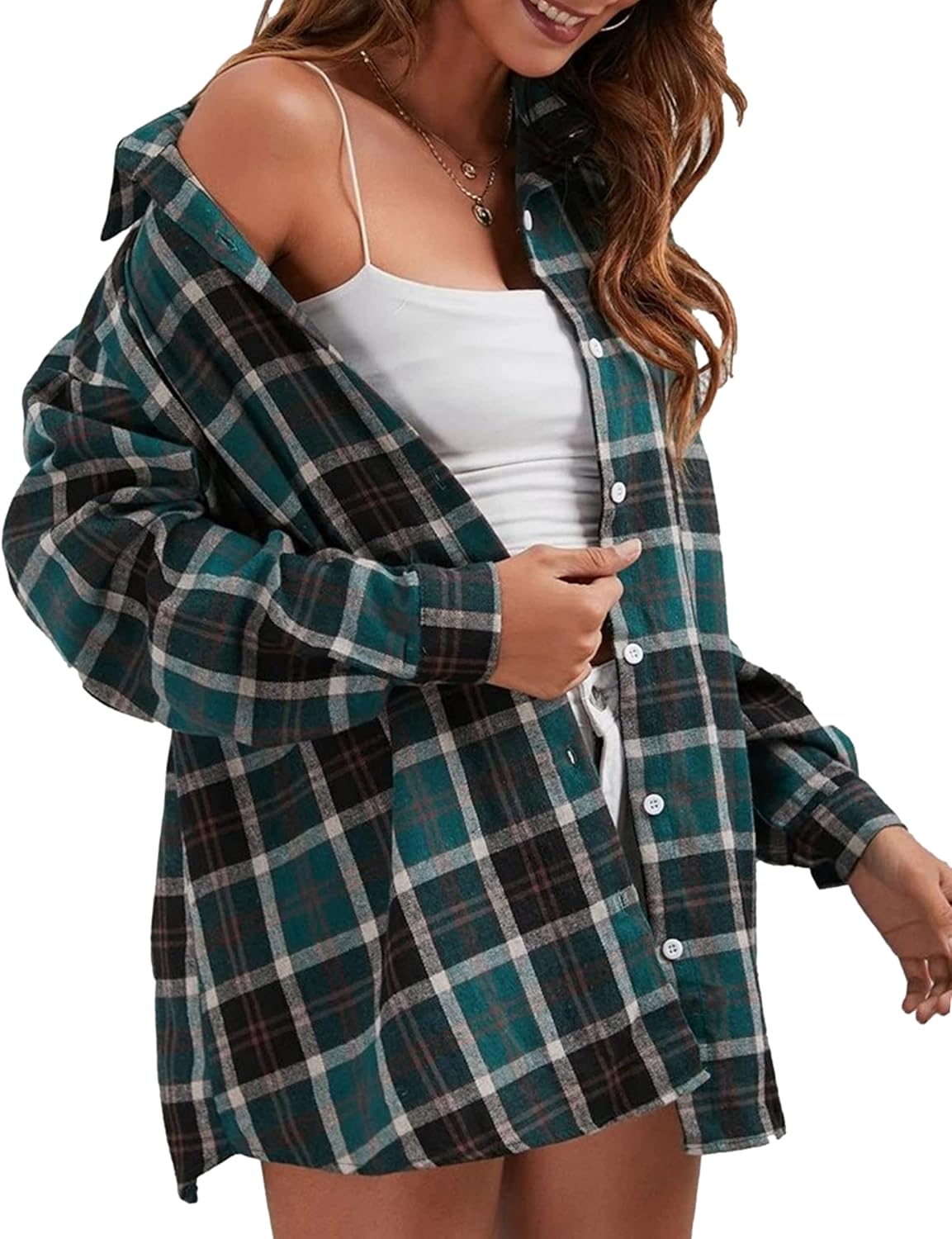 Flannel Buffalo Plaid Shirts for Women Oversized Button Down Shacket Blouse Tops - Picture 71 of 125