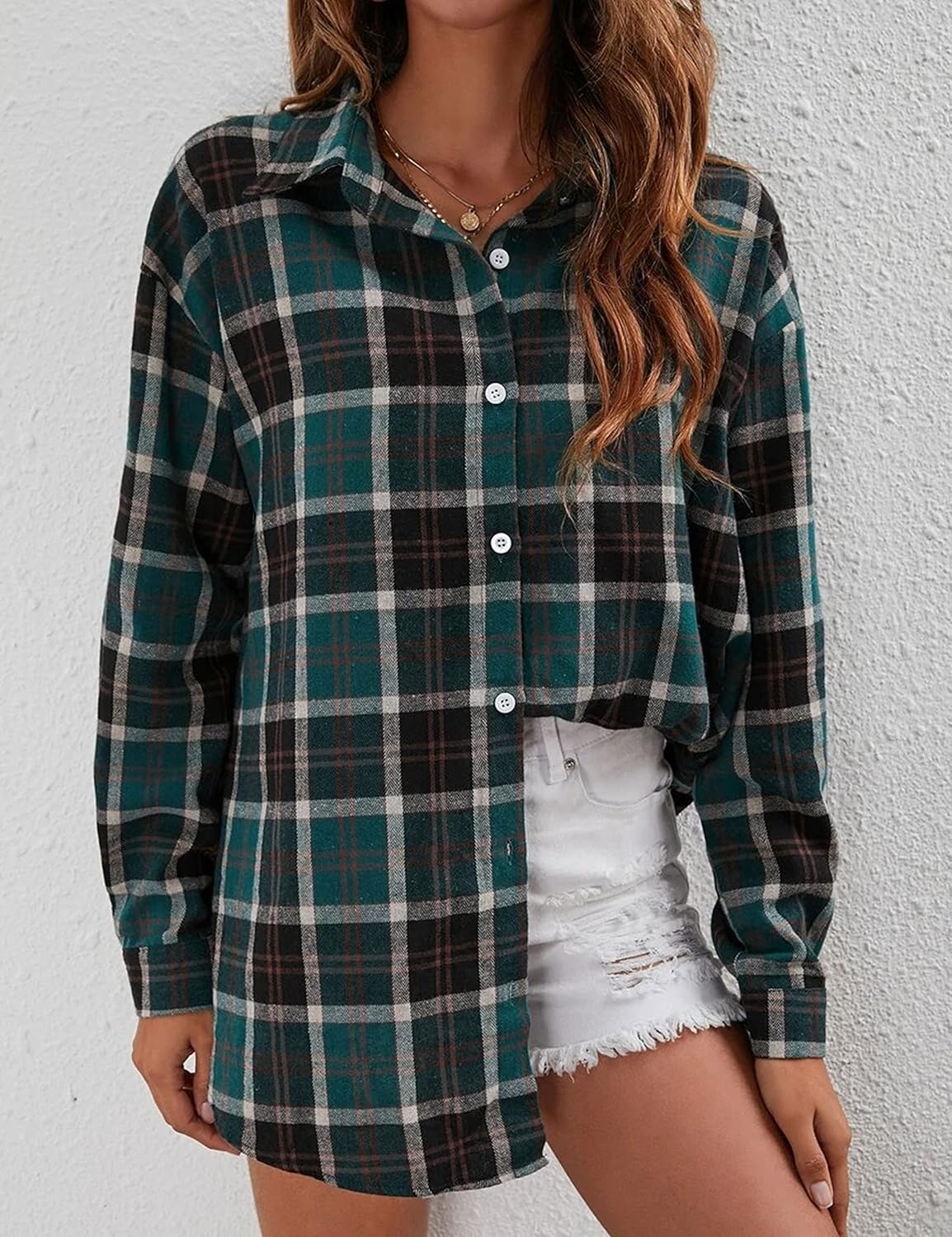 Flannel Buffalo Plaid Shirts for Women Oversized Button Down Shacket Blouse Tops - Picture 72 of 125